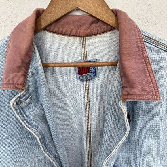 Vintage 90s Women's Size XL Denim Trench Chore Coat Light Wash Contrast Collar - Picture 10 of 10